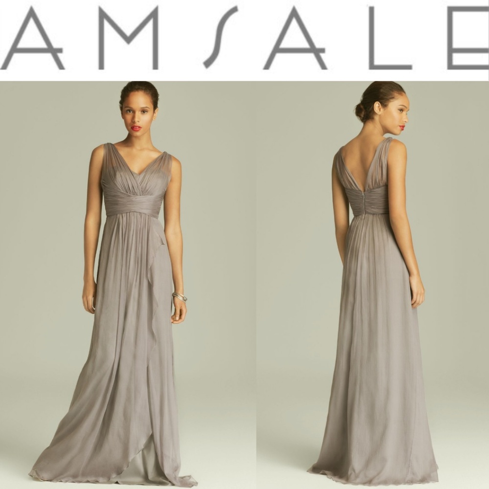 AMSALE Crinkled Silk Chiffon V-Neck Gown
